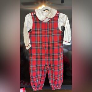 Red Plaid Overalls with White Shirt